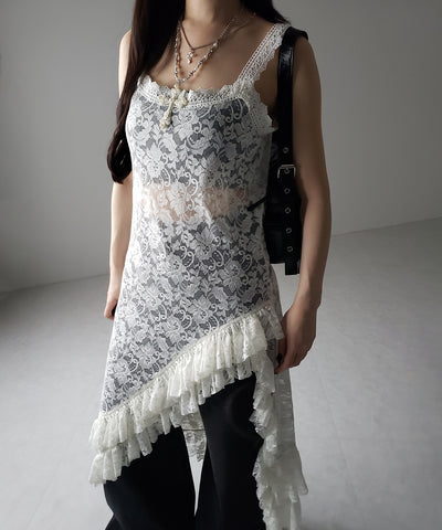 【 ２color 】アシンメトリーフリルレイヤードレースキャミワンピース ／ asymmetry frill layered lace cami onepiece