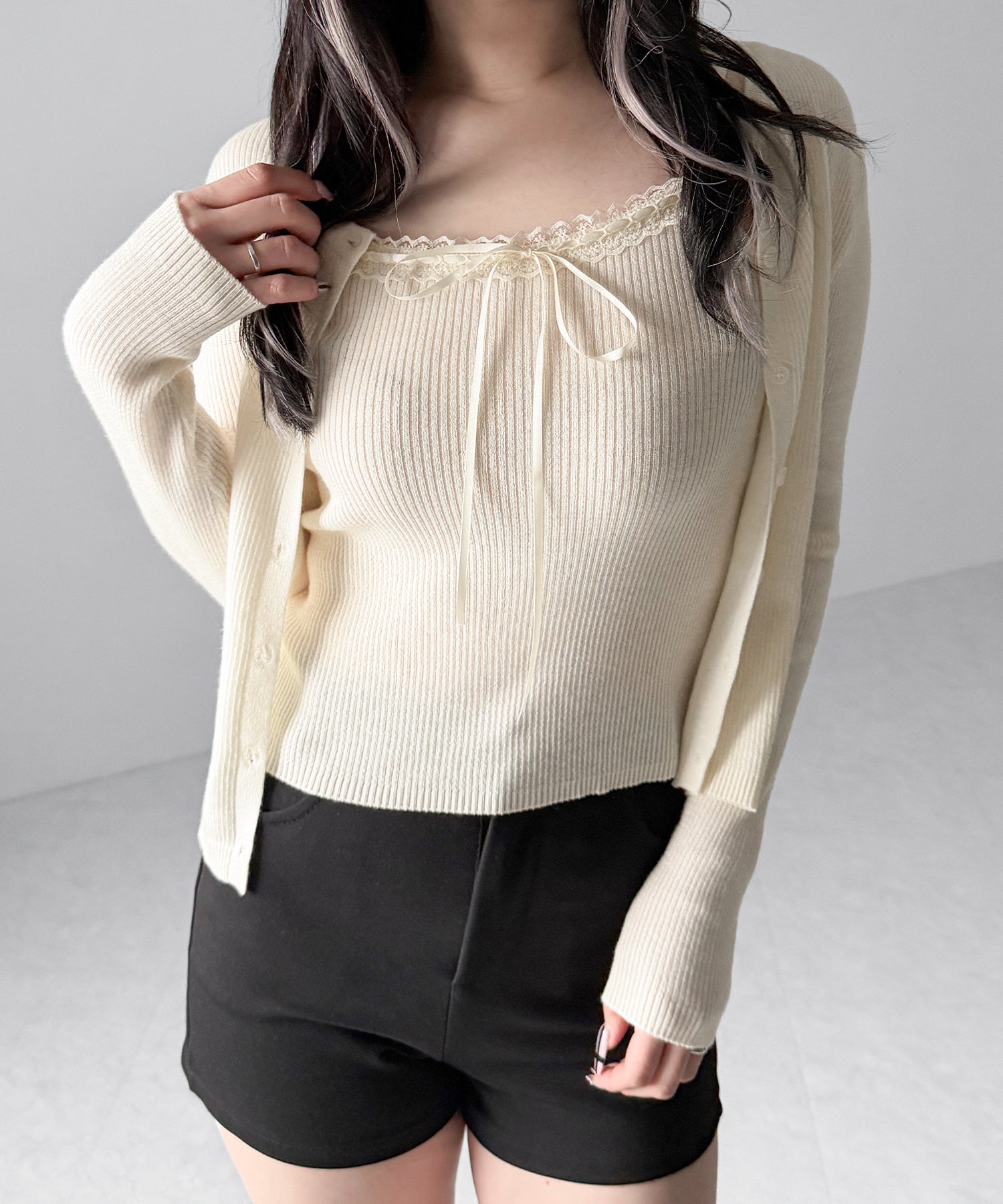 【 ２点セット 】リボンリブニットキャミソール ＋ カーディガンセット / ribbon rib knit camisole + cardigan set