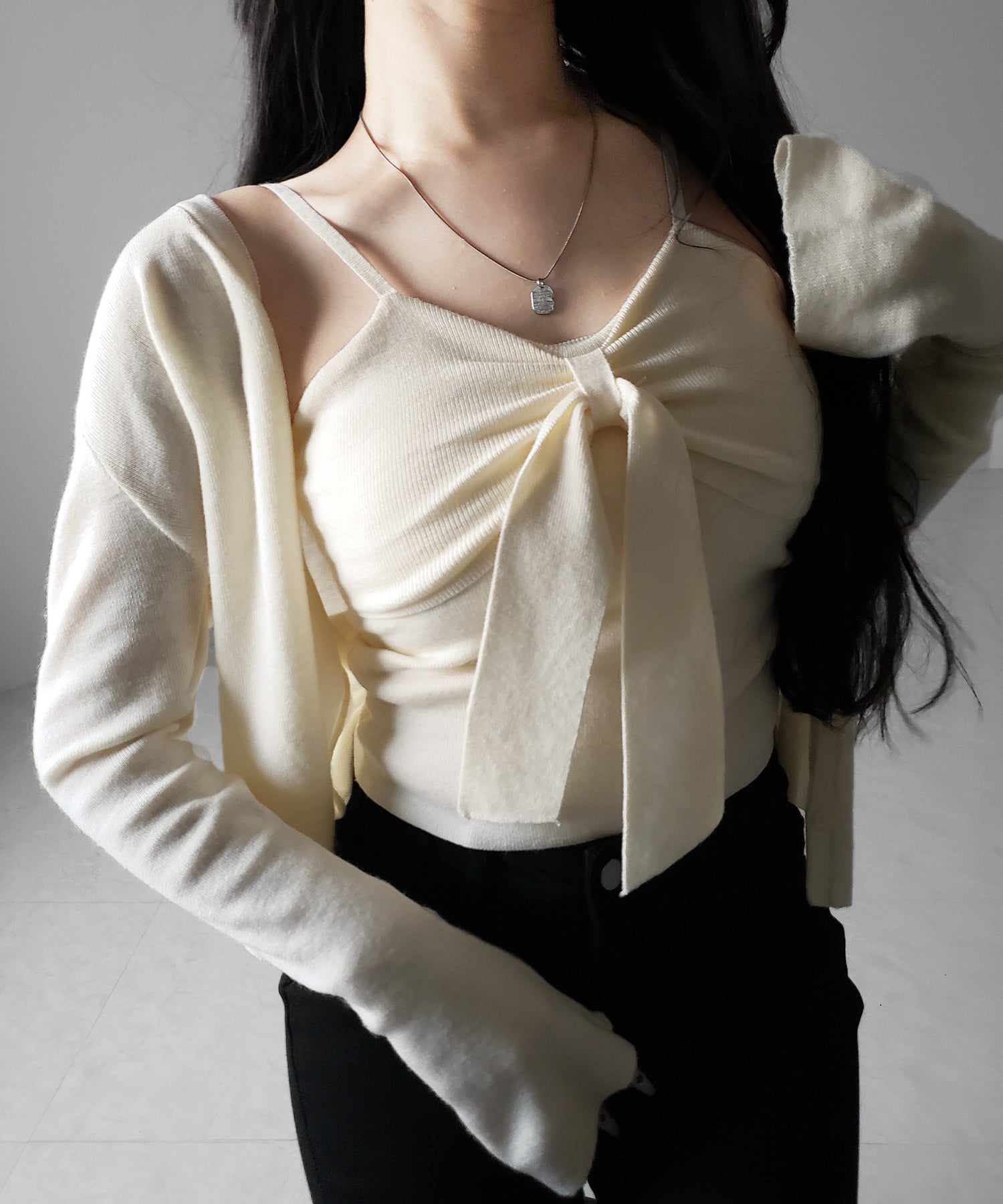 【 ２点セット 】リボンニットキャミソール ＋ カーディガンセット ／ribbon knit camisole + cardigan SET