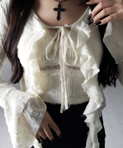 【 ２color 】ダメージフリルショートリボンカーディガン ／ damage frill short ribbon cardigan