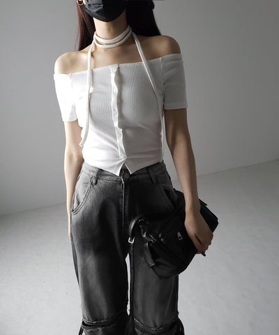 【 ２WAY 】ストラップリボンオフショルダーリブトップス ／ strap ribbon off shoulder rib tops