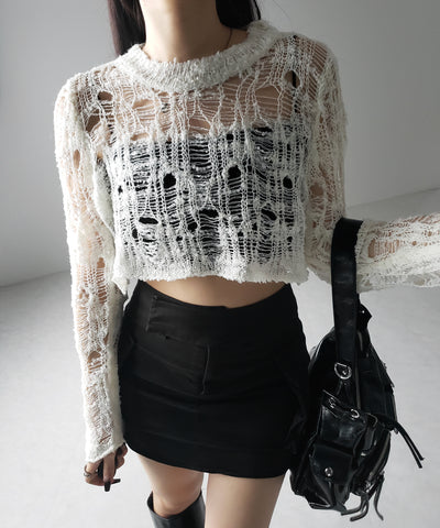【 ２color 】クラッシュダメージショートシアーニット ／ crush damage short sheer knit