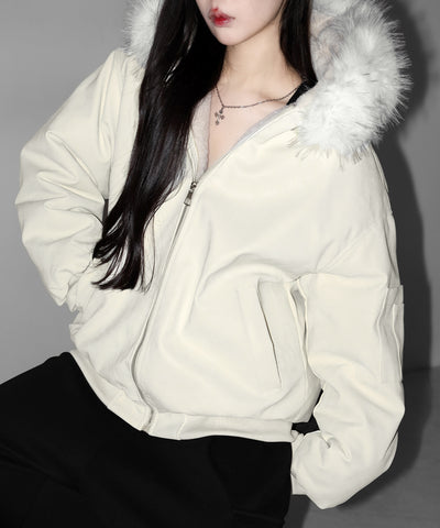 ファーフードヴィンテージフェイクレザーオーバーブルゾン ／ fur hooded vintage fake leather over blouson