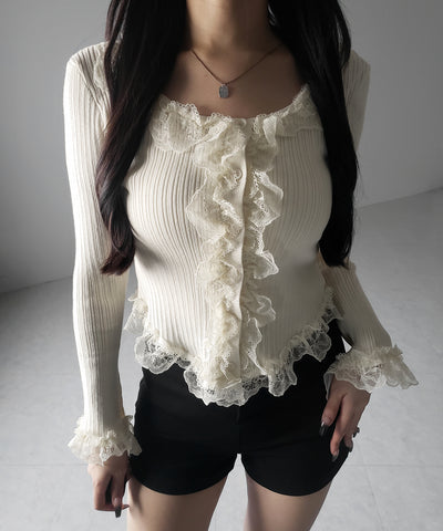 【 ３color 】レースフリルドッキングリブニットカーディガン ／ lace frill docking rib knit cardigan