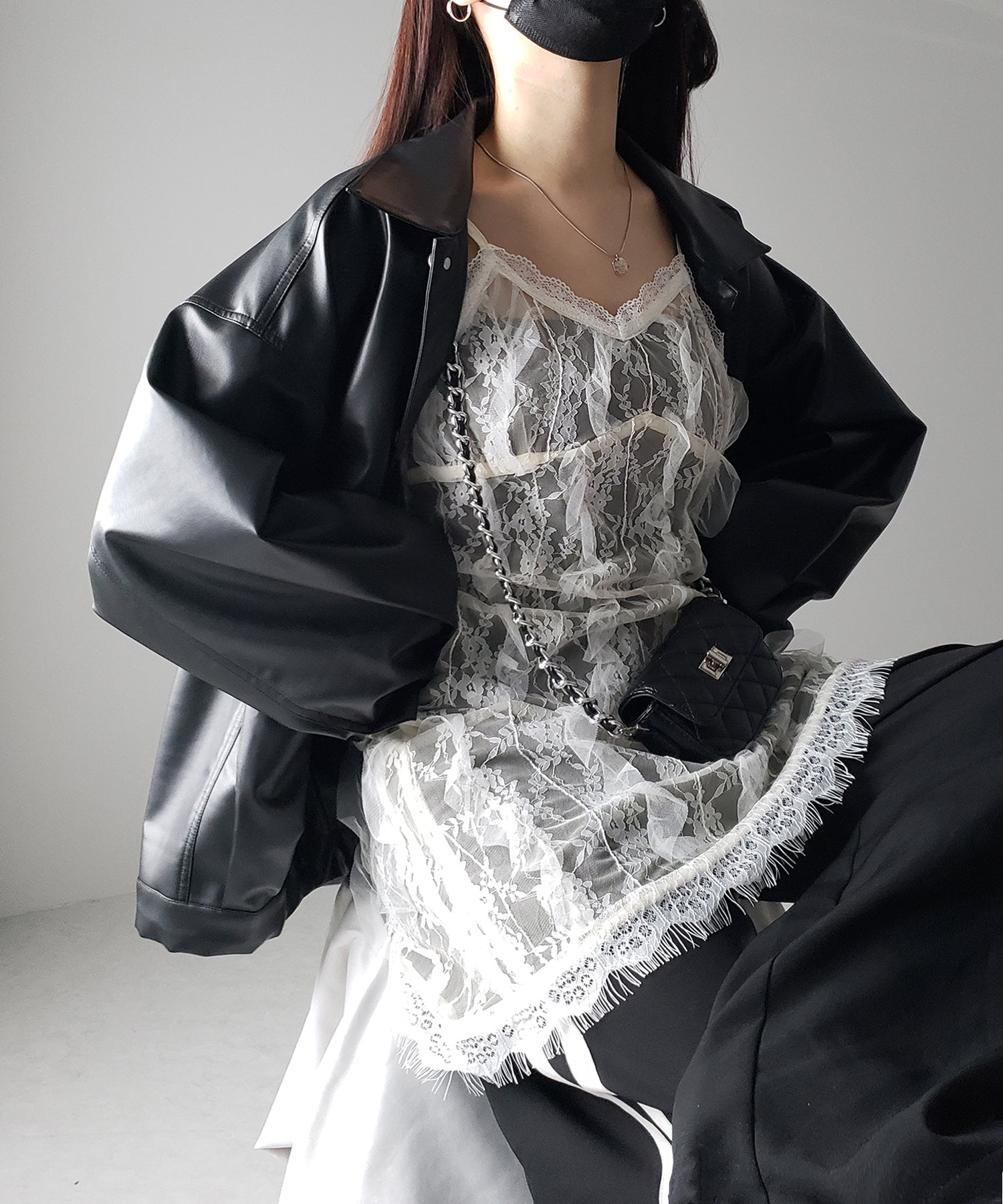 【 ２color 】チュールドッキングレースチュニックキャミソール ／ tulle docking lace tunic camisole