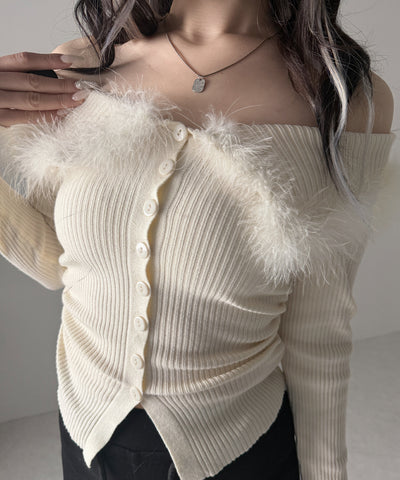 フェザーファー襟オフショルリブニットトップス ／feather fur collar off shoulder rib knit tops