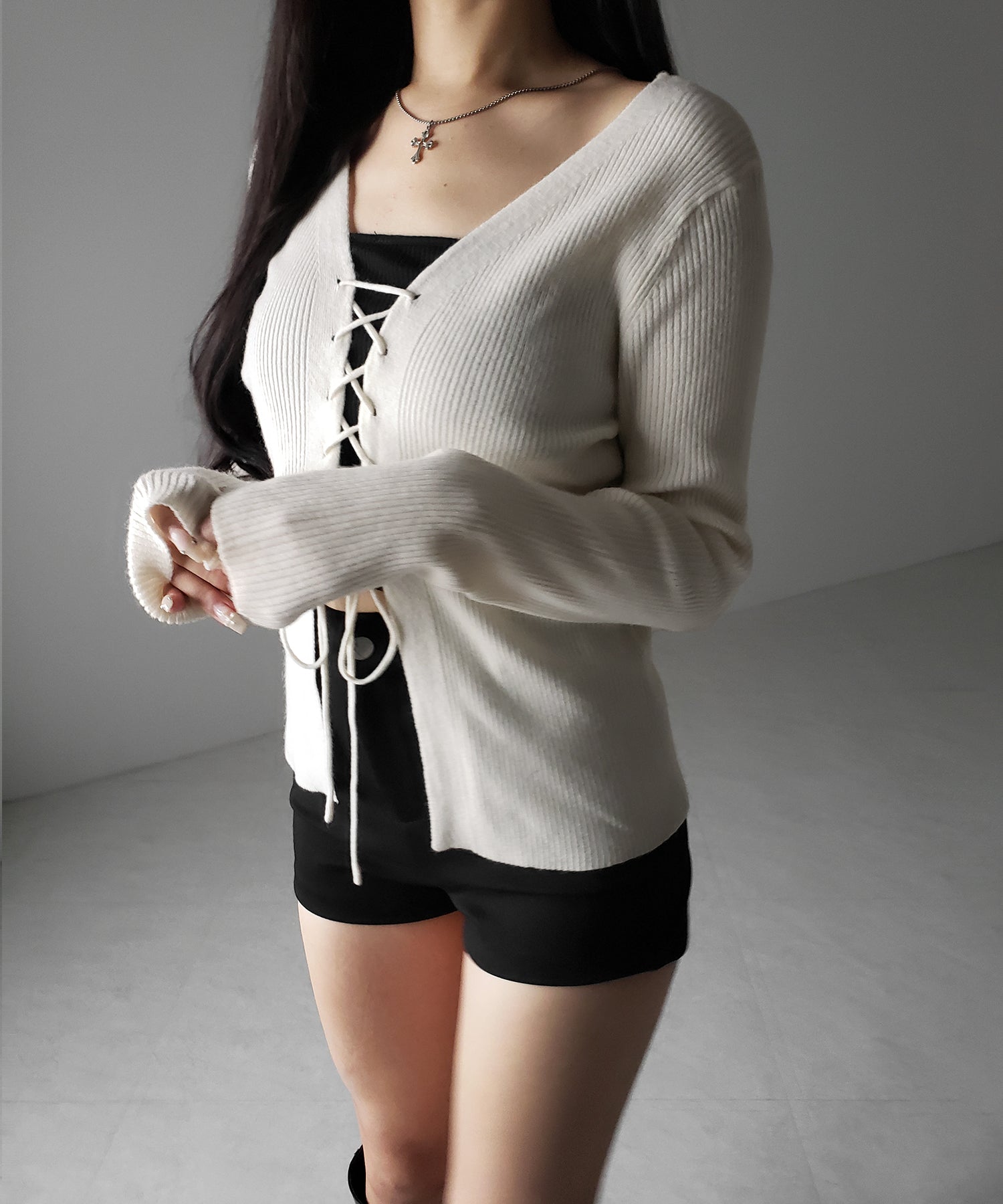 【 ３color 】レースアップリボンリブニットカーディガン ／ lace up ribbon rib knit cardigan