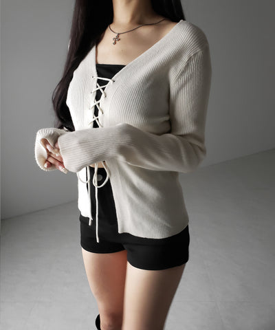 【 ３color 】レースアップリボンリブニットカーディガン ／ lace up ribbon rib knit cardigan