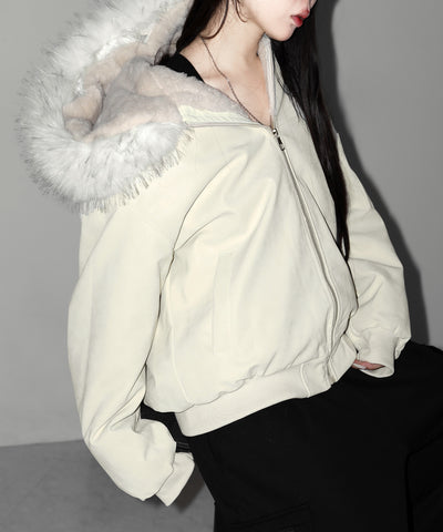 ファーフードヴィンテージフェイクレザーオーバーブルゾン ／ fur hooded vintage fake leather over blouson