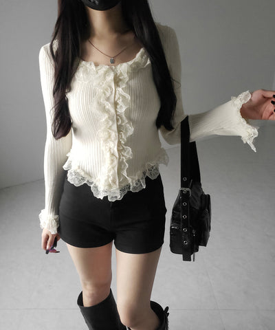 【 ３color 】レースフリルドッキングリブニットカーディガン ／ lace frill docking rib knit cardigan