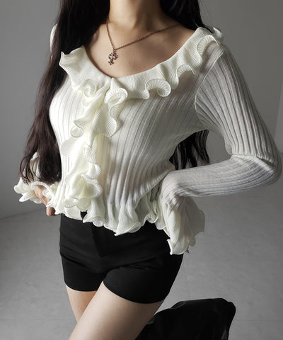 シアーフリル長袖リブニットカーディガン ／ sheer frill long-sleeve ribbed knit cardigan