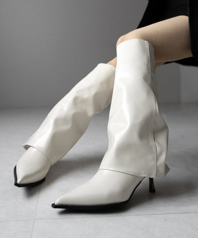 【 ２color 】ポインテッドトゥフェイクレザーカバーロングブーツ ／ pointed toe fake leather covered long boots