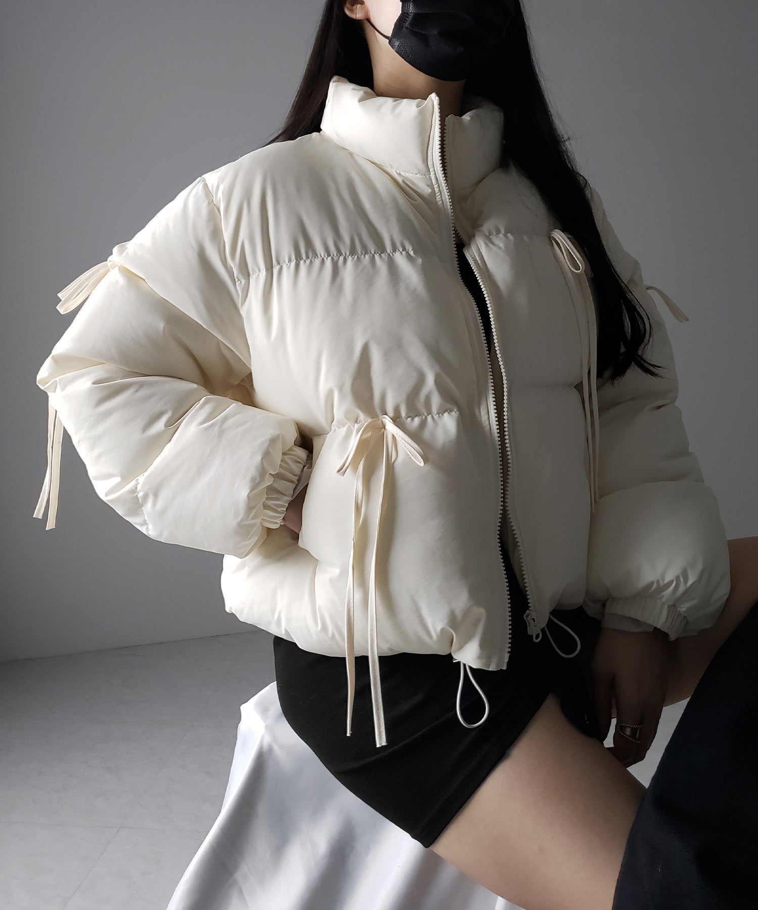 【 選べる３色展開 ／ 裾絞り可能２WAY 】ストラップリボンショートパフダウンジャケット ／ strap ribbon short puff down jacket