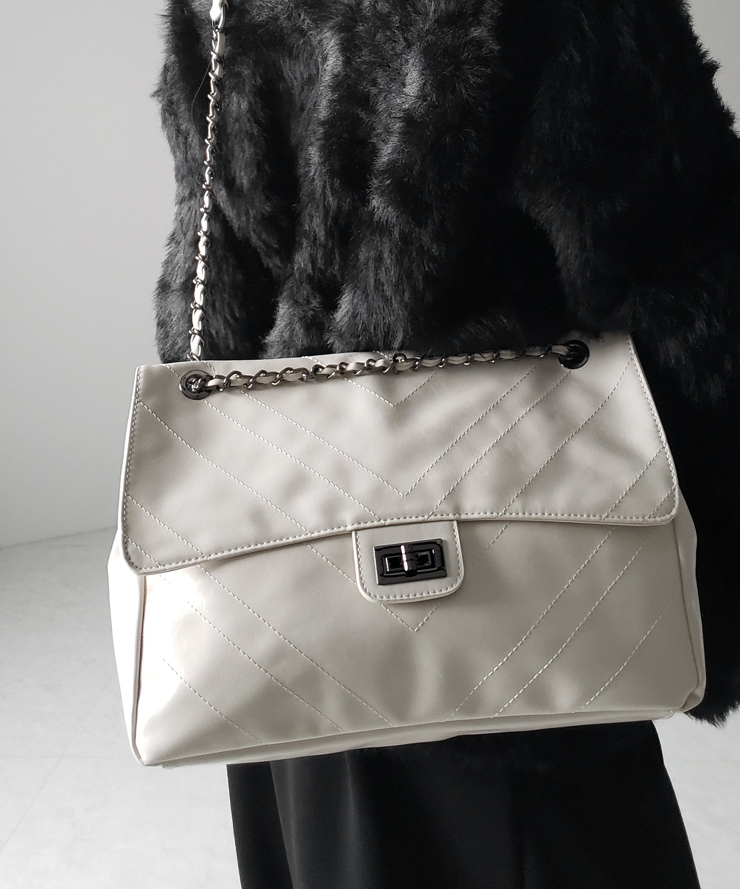 【 ３color 】２WAY チェーンフェイクレザーフラップショルダーバッグ ／ 2WAY chain fake leather flap shoulder bag