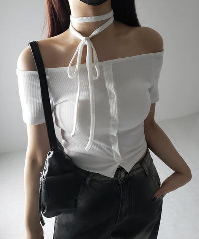 【 ２WAY 】ストラップリボンオフショルダーリブトップス ／ strap ribbon off shoulder rib tops