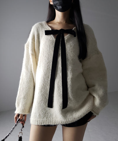【 ２WAY 】ベロアリボンスパングルオーバーニット ／ velor ribbon spangle over knit