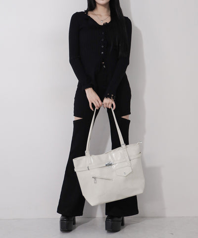 【 A4収納可 】デザインベルトフェイクレザースクエアトートバッグ ／ design belt fake leather square tote bag