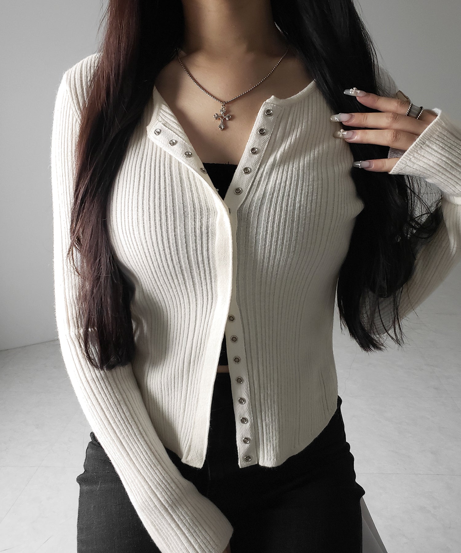 【 ３color 】スナップボタンリブニットスリムカーディガン ／ snap button rib knit slim cardigan