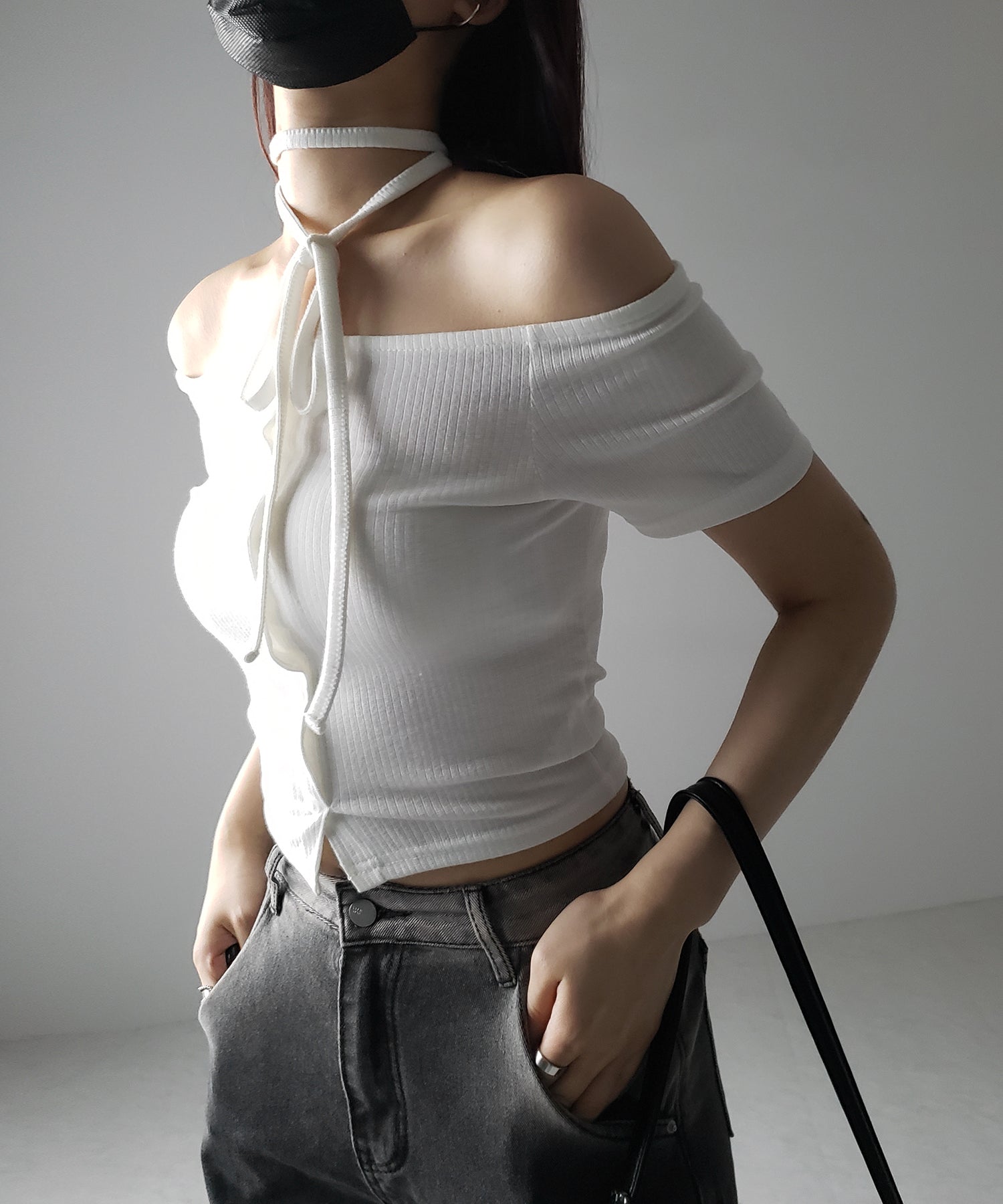 【 ２WAY 】ストラップリボンオフショルダーリブトップス ／ strap ribbon off shoulder rib tops