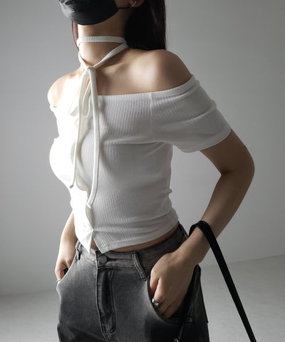 【 ２WAY 】ストラップリボンオフショルダーリブトップス ／ strap ribbon off shoulder rib tops