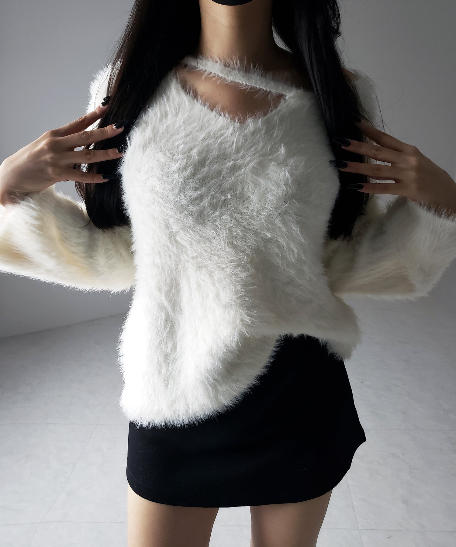 【 ３color 】ナナメストラップカットアウトシャギーニット ／ naname strap cutout shaggy knit
