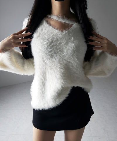 【 ３color 】ナナメストラップカットアウトシャギーニット ／ naname strap cutout shaggy knit