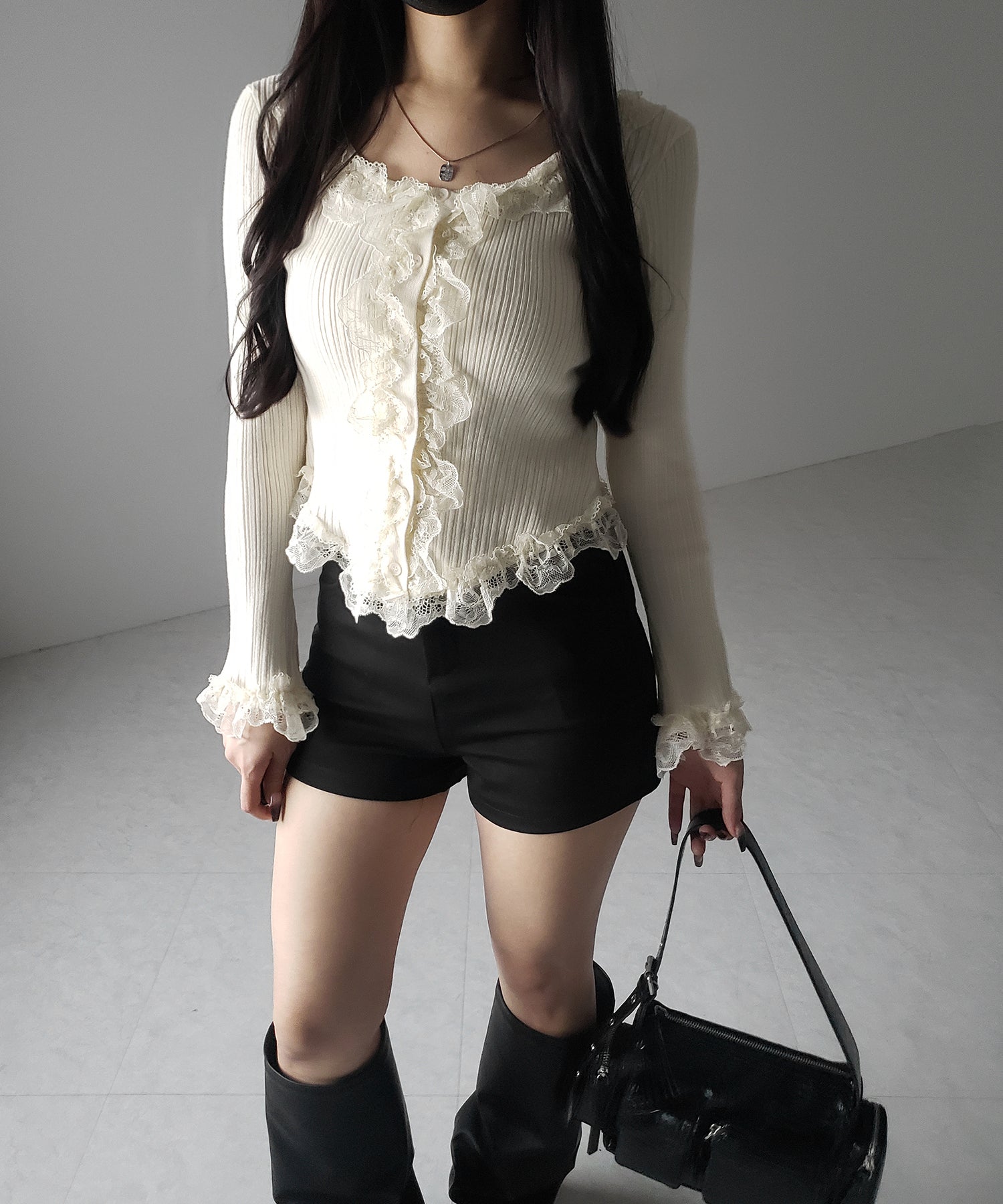 【 ３color 】レースフリルドッキングリブニットカーディガン ／ lace frill docking rib knit cardigan
