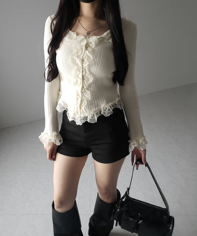 【 ３color 】レースフリルドッキングリブニットカーディガン ／ lace frill docking rib knit cardigan