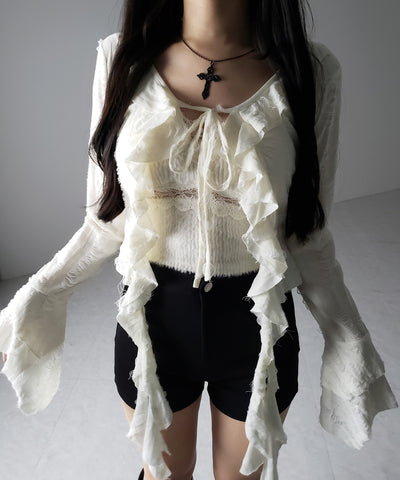 【 ２color 】ダメージフリルショートリボンカーディガン ／ damage frill short ribbon cardigan