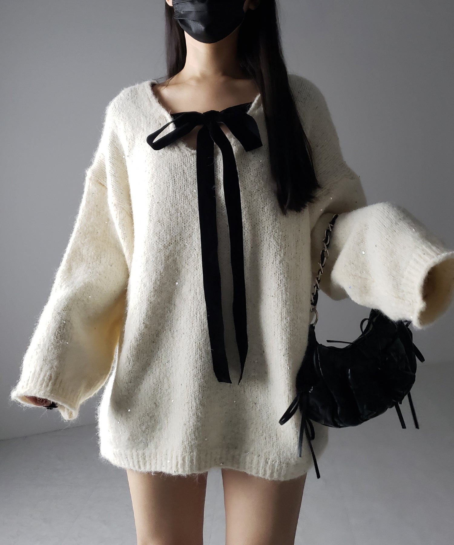 【 ２WAY 】ベロアリボンスパングルオーバーニット ／ velor ribbon spangle over knit