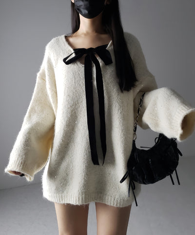 【 ２WAY 】ベロアリボンスパングルオーバーニット ／ velor ribbon spangle over knit