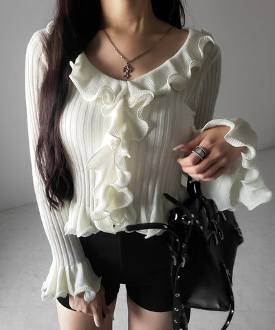シアーフリル長袖リブニットカーディガン ／ sheer frill long-sleeve ribbed knit cardigan