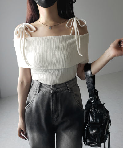 【 ２color 】ダブルリボンオフショルダーリブトップス ／ double ribbon off-shoulder rib tops