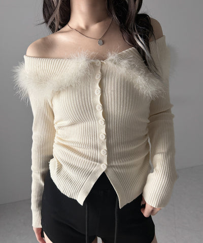 フェザーファー襟オフショルリブニットトップス ／feather fur collar off shoulder rib knit tops