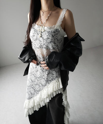 【 ２color 】アシンメトリーフリルレイヤードレースキャミワンピース ／ asymmetry frill layered lace cami onepiece