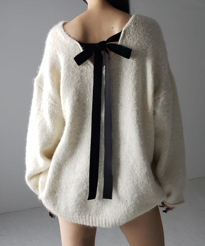 【 ２WAY 】ベロアリボンスパングルオーバーニット ／ velor ribbon spangle over knit