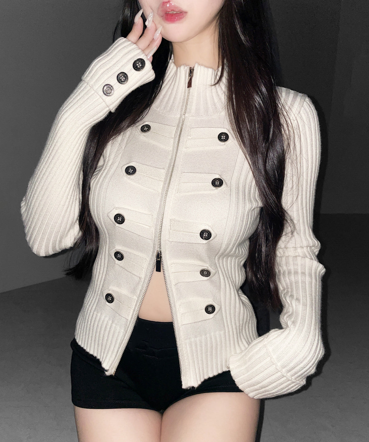 ナポレオンジップアップスリムリブニットカーディガン ／ Napoleon zipup slim rib knit cardigan