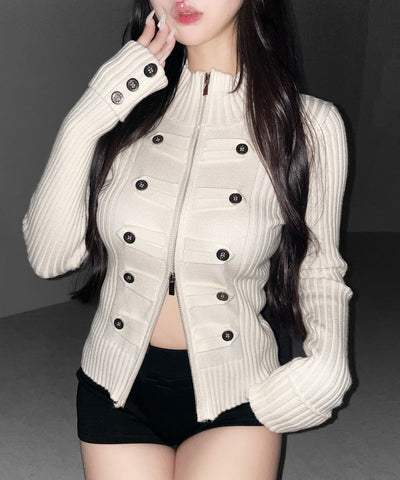 ナポレオンジップアップスリムリブニットカーディガン ／ Napoleon zipup slim rib knit cardigan