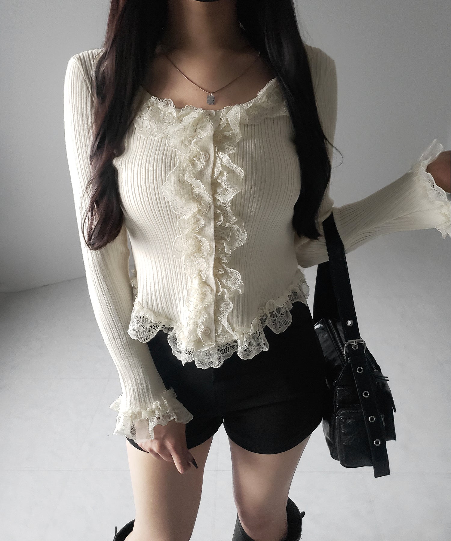 【 ３color 】レースフリルドッキングリブニットカーディガン ／ lace frill docking rib knit cardigan