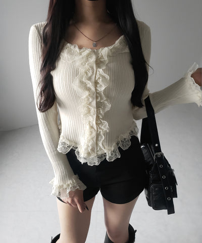 【 ３color 】レースフリルドッキングリブニットカーディガン ／ lace frill docking rib knit cardigan
