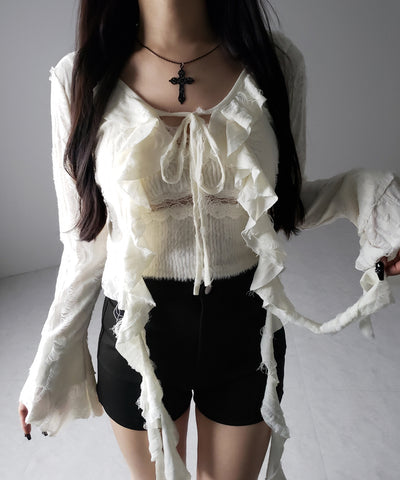 【 ２color 】ダメージフリルショートリボンカーディガン ／ damage frill short ribbon cardigan