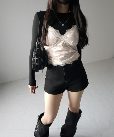 【 カップ付き 】レーシーベロアショートビスチェキャミソール ／ velor lacy short bustier camisole