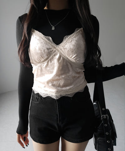 【 カップ付き 】レーシーベロアショートビスチェキャミソール ／ velor lacy short bustier camisole