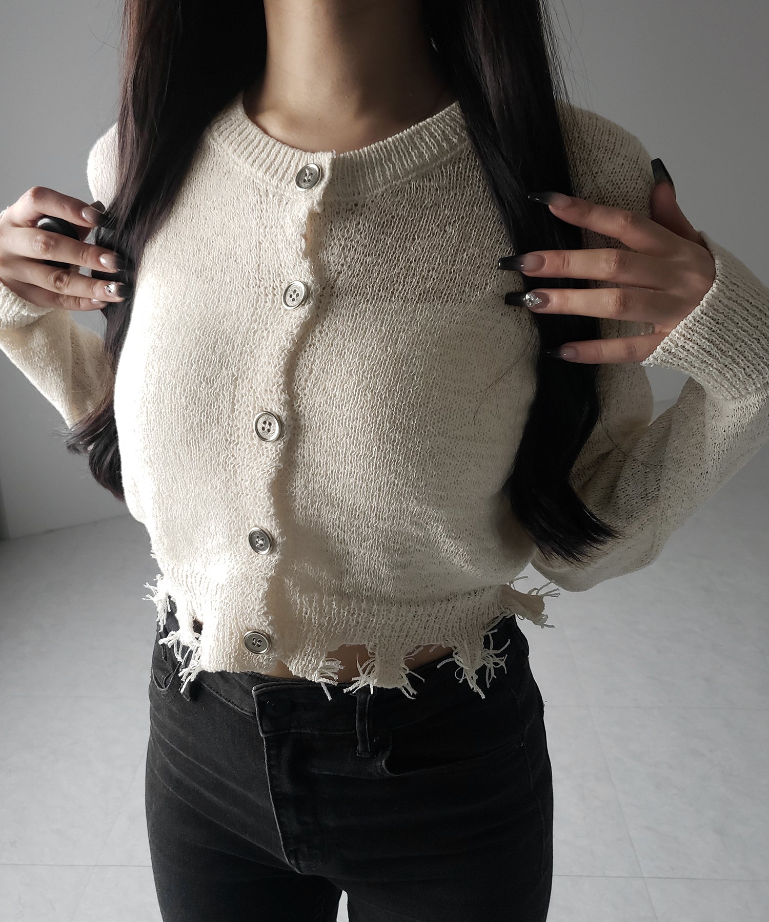 【 ３color 】ダメージシアーニットショートカーディガン ／ damage sheer knit short cardigan