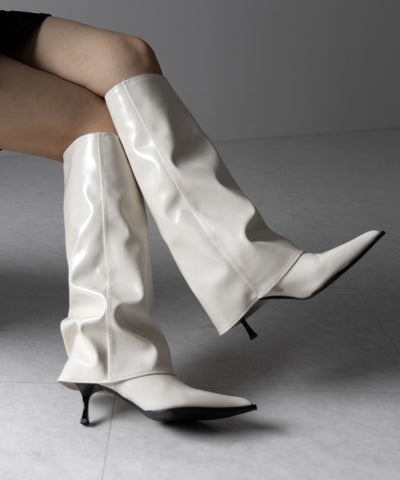 【 ２color 】ポインテッドトゥフェイクレザーカバーロングブーツ ／ pointed toe fake leather covered long boots