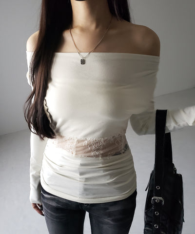 【 ２color 】ウエストレースカットアウトオフショルトップス ／ waist lace cutout offshoulder tops