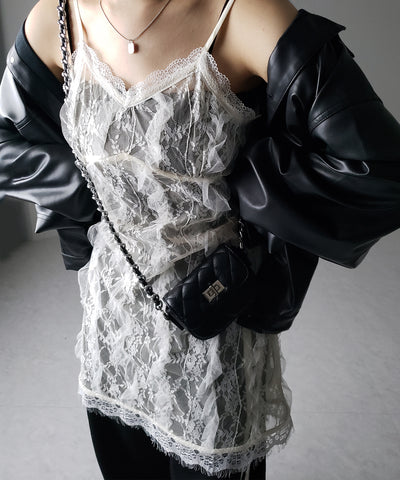 【 ２color 】チュールドッキングレースチュニックキャミソール ／ tulle docking lace tunic camisole