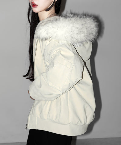 ファーフードヴィンテージフェイクレザーオーバーブルゾン ／ fur hooded vintage fake leather over blouson