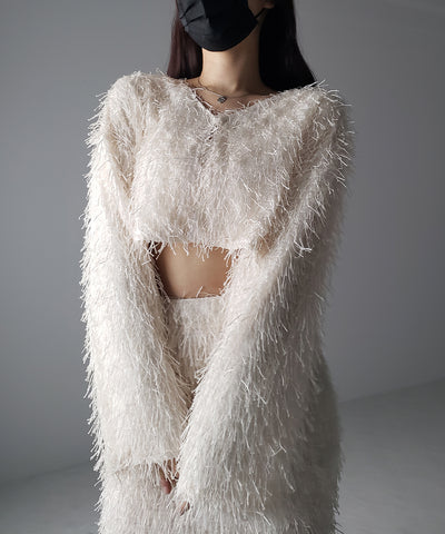 【 セットアップ可能 】シャギーフリンジショートカーディガン ／shaggy fringe short cardigan