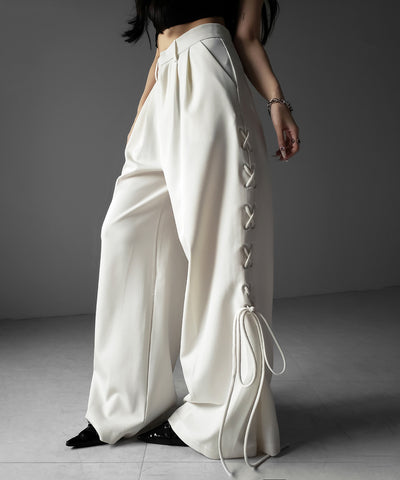 レースアップダブルタックワイドスラックス ／ laceup double tack wide slacks